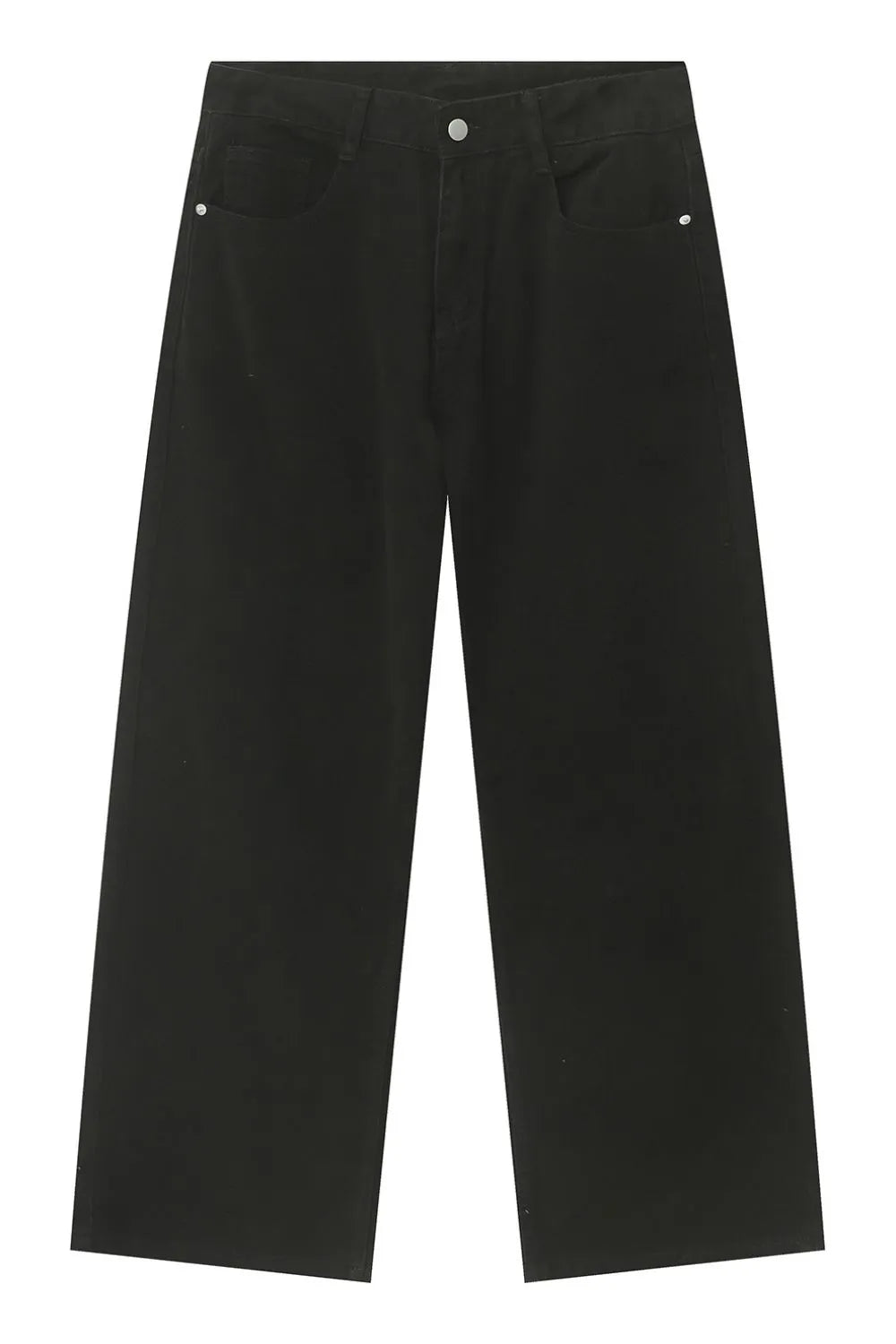 Black wide-leg denim jeans with a relaxed fit and classic five-pocket styling.