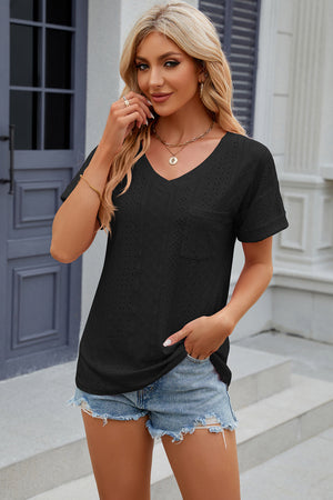 Black perforated v-neck t-shirt with rolled sleeves and chest pocket