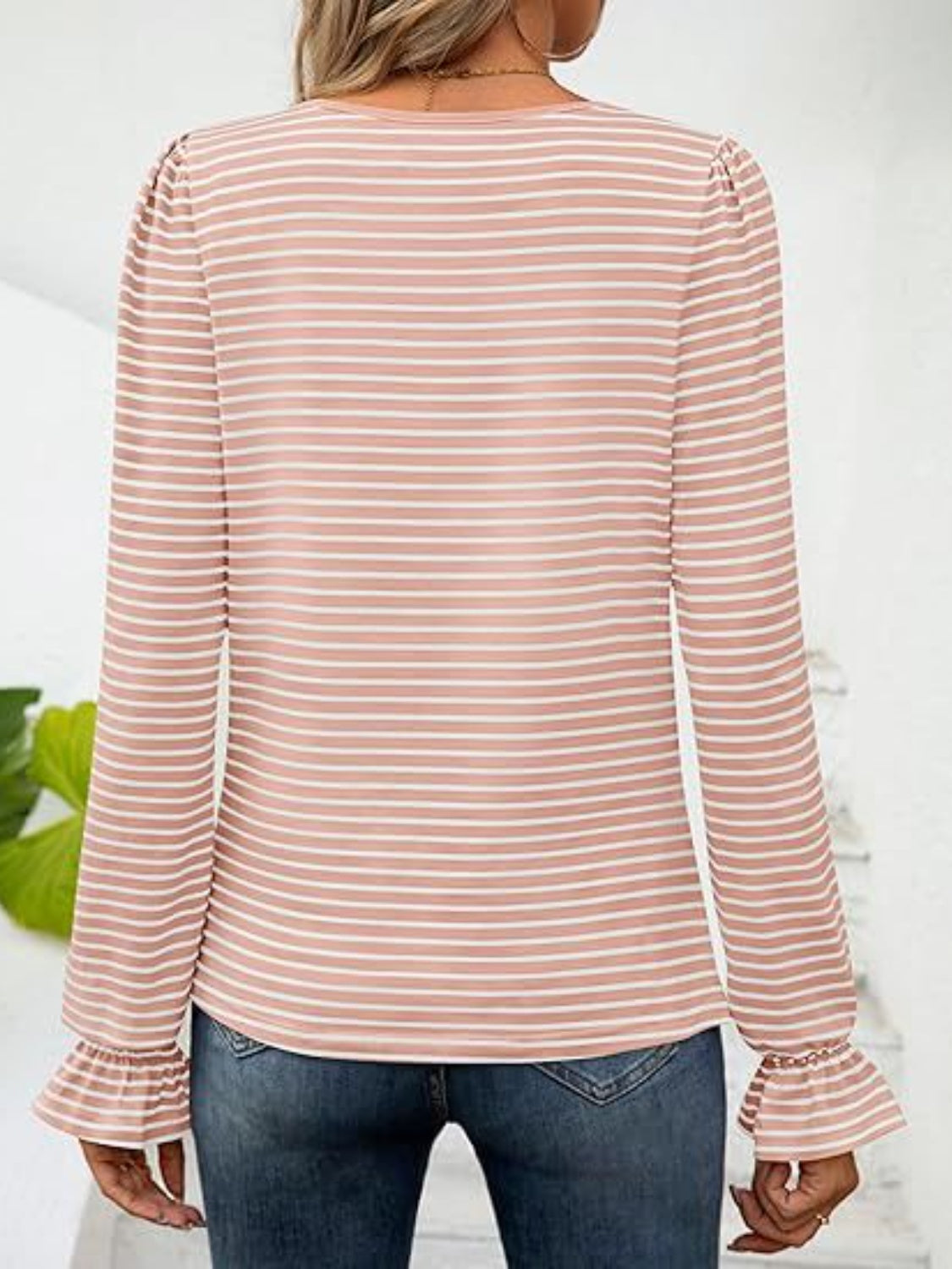 Dusty Pink striped blouse with ruffle cuffs and puff sleeves.