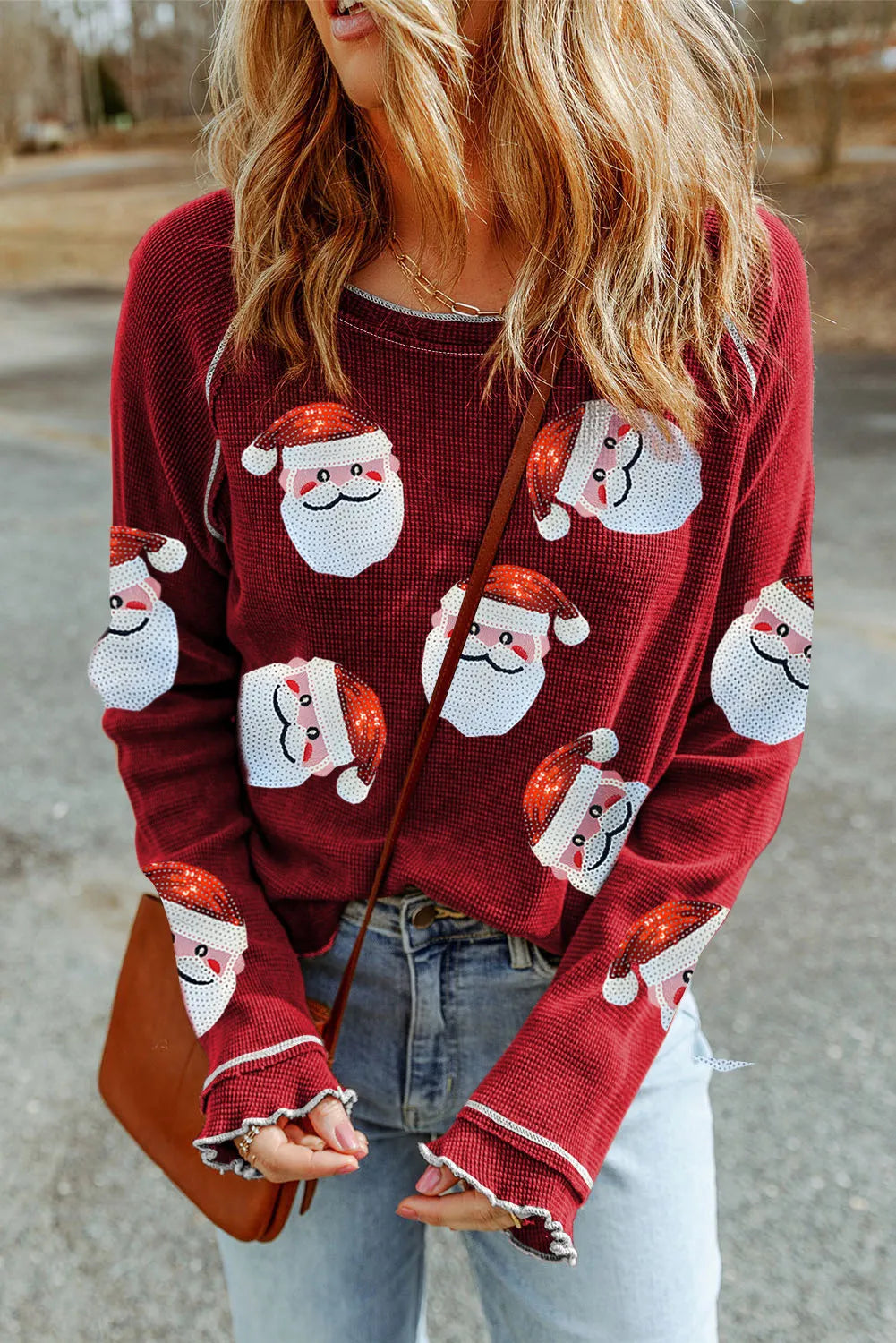 Sequin Santa waffle knit top in scarlet with ruffled cuffs and a crew neckline.
