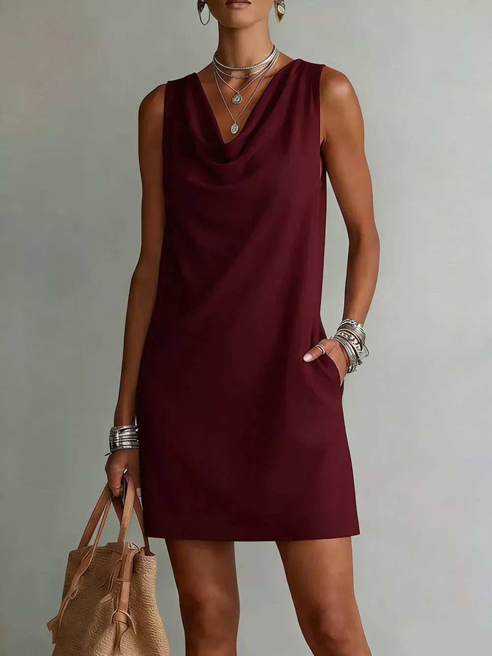 Chic Cowl Neck Mini Dress With Pockets