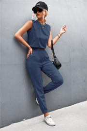 Navy cropped muscle tank and jogger set with elastic waistband and cuffs