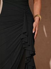 Ruched Ruffled Asymmetrical Maxi Dress