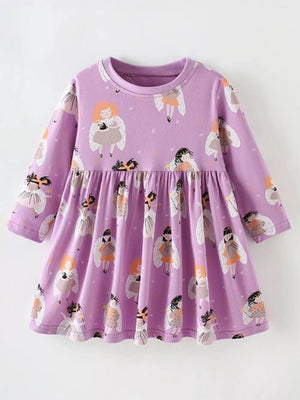 Purple cotton blend toddler dress with long sleeves and a cartoon angel print.