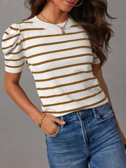 Striped knit tee in white with camel stripes and puff sleeves.