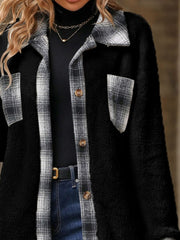 Black teddy shacket with plaid collar, cuffs, and chest pockets.