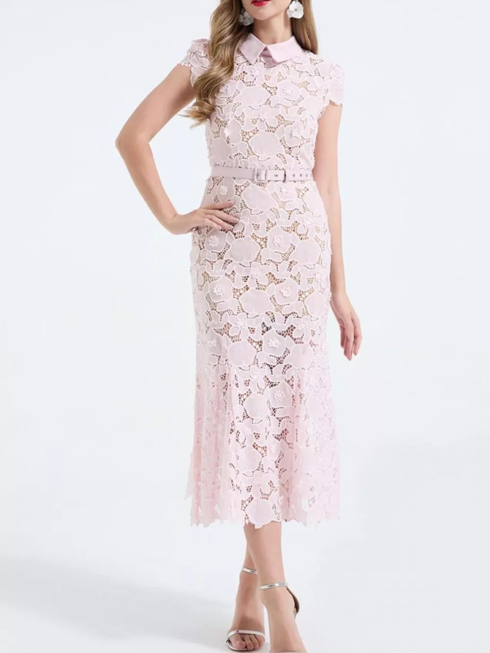 Pink floral lace midi dress with short sleeves, collar, and matching belt.
