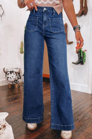 Medium wash denim wide leg jeans with utility pockets and button fly.