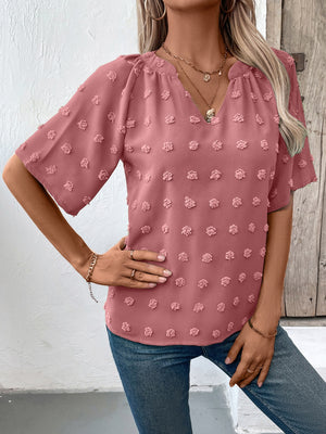 Dusty Pink Swiss Dot Blouse with V-neck and flutter sleeves