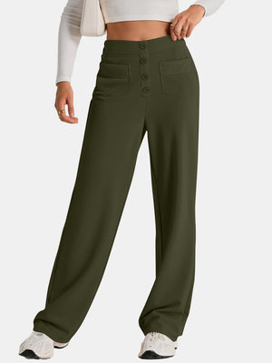 Button-front palazzo trousers in Gum Leaf green with flap pockets and a high waist.