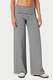 Black and white striped palazzo pants with a wide leg and high waist.