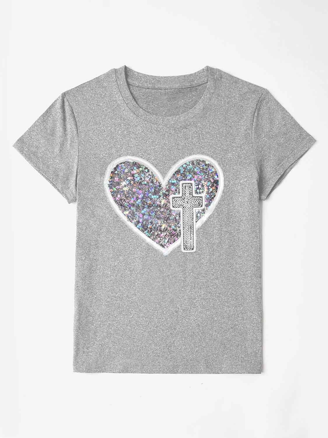 Gray t-shirt with iridescent heart and cross appliqué detail