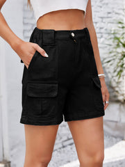 Black denim cargo shorts with high waist and utility pockets.