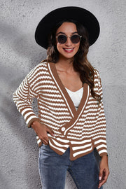 Chevron stripe knit cardigan in camel with button front and V-neck.