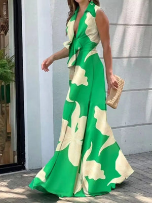Green Flower tie-front maxi dress with large floral print and plunging neckline.