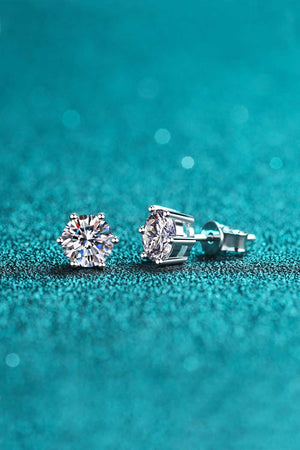 Silver six-prong moissanite solitaire stud earrings in 925 sterling silver.