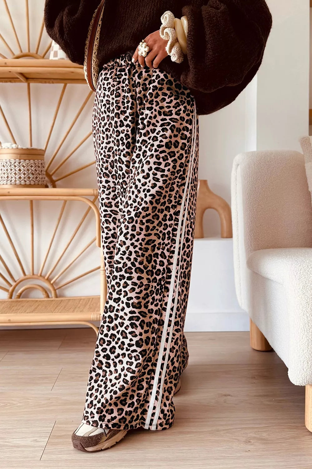 Leopard Print Side Striped Wide Leg Pants, front view