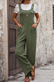 Textured linen button-front jumpsuit in matcha green with wide legs and pockets