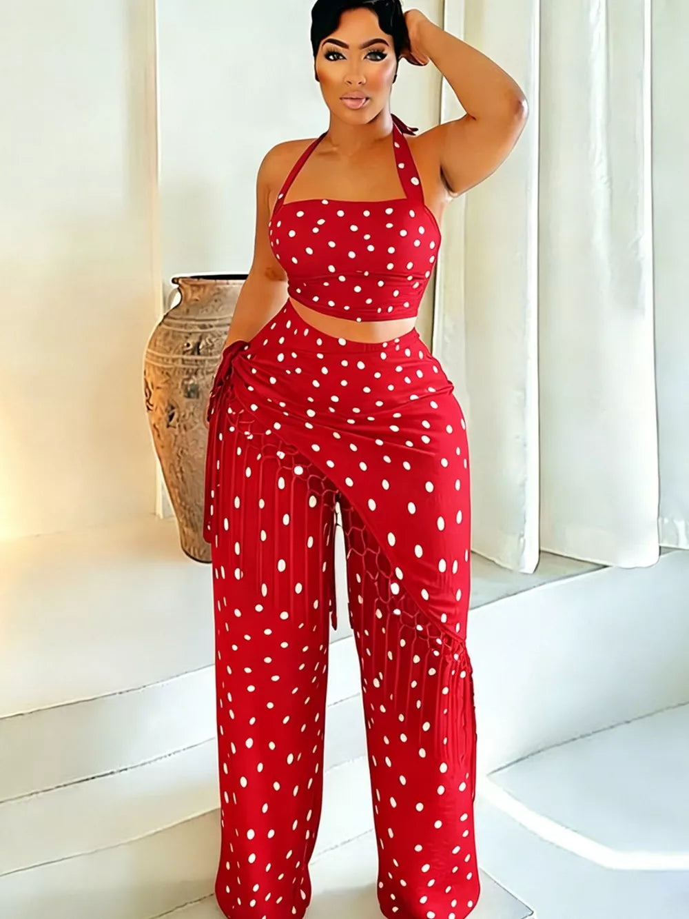 Red polka dot cami and fringe wide leg pant set with halter neckline