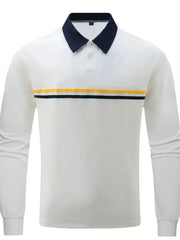 White long sleeve polo with navy contrast collar and horizontal stripe detail