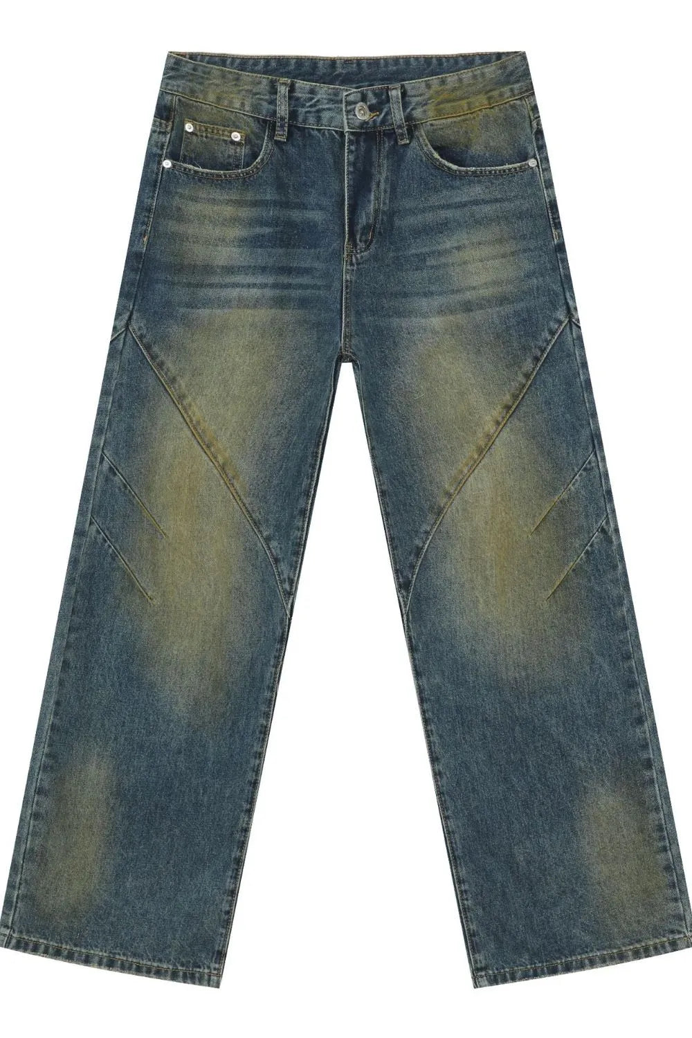 Panelled acid wash wide leg jeans in medium blue denim with distressed details.