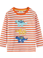 Dinosaur applique long-sleeve tee with orange and white stripes.