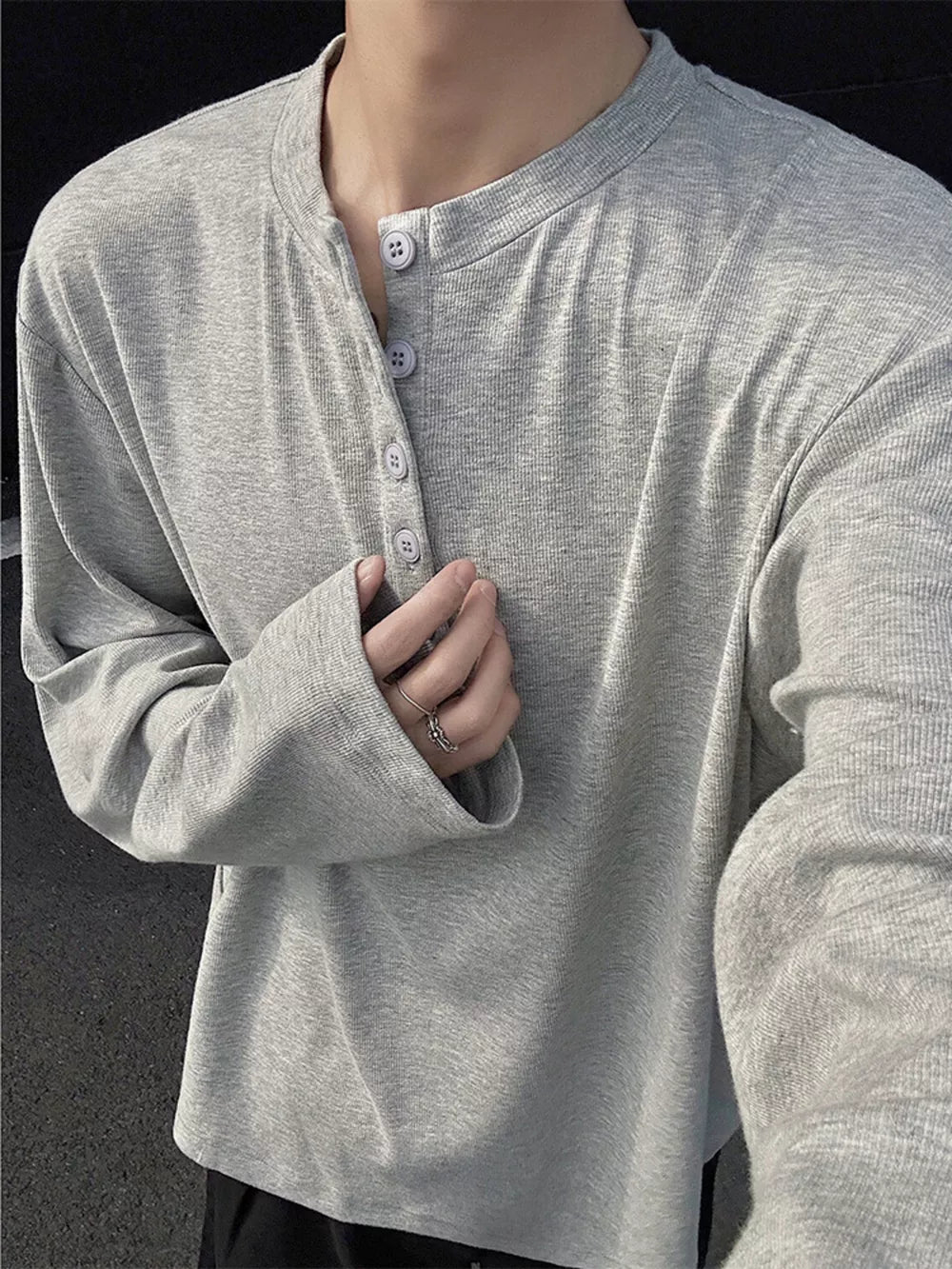 Men's Plus Size Button Detail Long Sleeve Henley in Light Gray, close-up detail