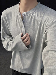 Men's Plus Size Button Detail Long Sleeve Henley in Light Gray, close-up detail