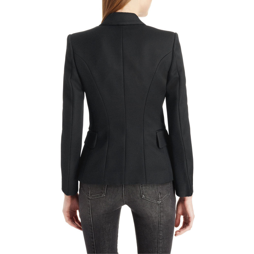 Black double-breasted blazer with gold buttons and tailored fit.