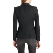 Black double-breasted blazer with gold buttons and tailored fit.
