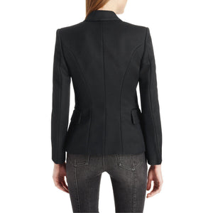 Black double-breasted blazer with gold buttons and tailored fit.