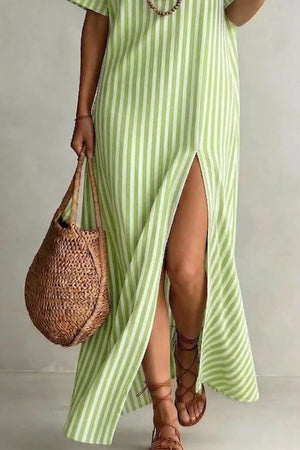 Lime striped V-neck maxi dress with a high slit and short sleeves.