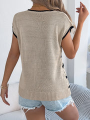 Khaki cable knit sleeveless sweater with black trim and side detail.