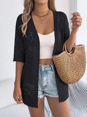 Black openwork knit duster cardigan with elbow-length sleeves and diamond pattern detail.