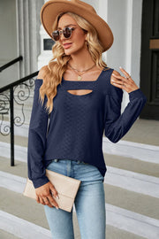 Dark blue textured open shoulder blouse with keyhole neckline and long sleeves