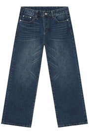 Dark wash denim jeans with statement pockets and a relaxed fit.