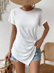 White t-shirt with short sleeves, crew neck, and asymmetric draped knot front detail.