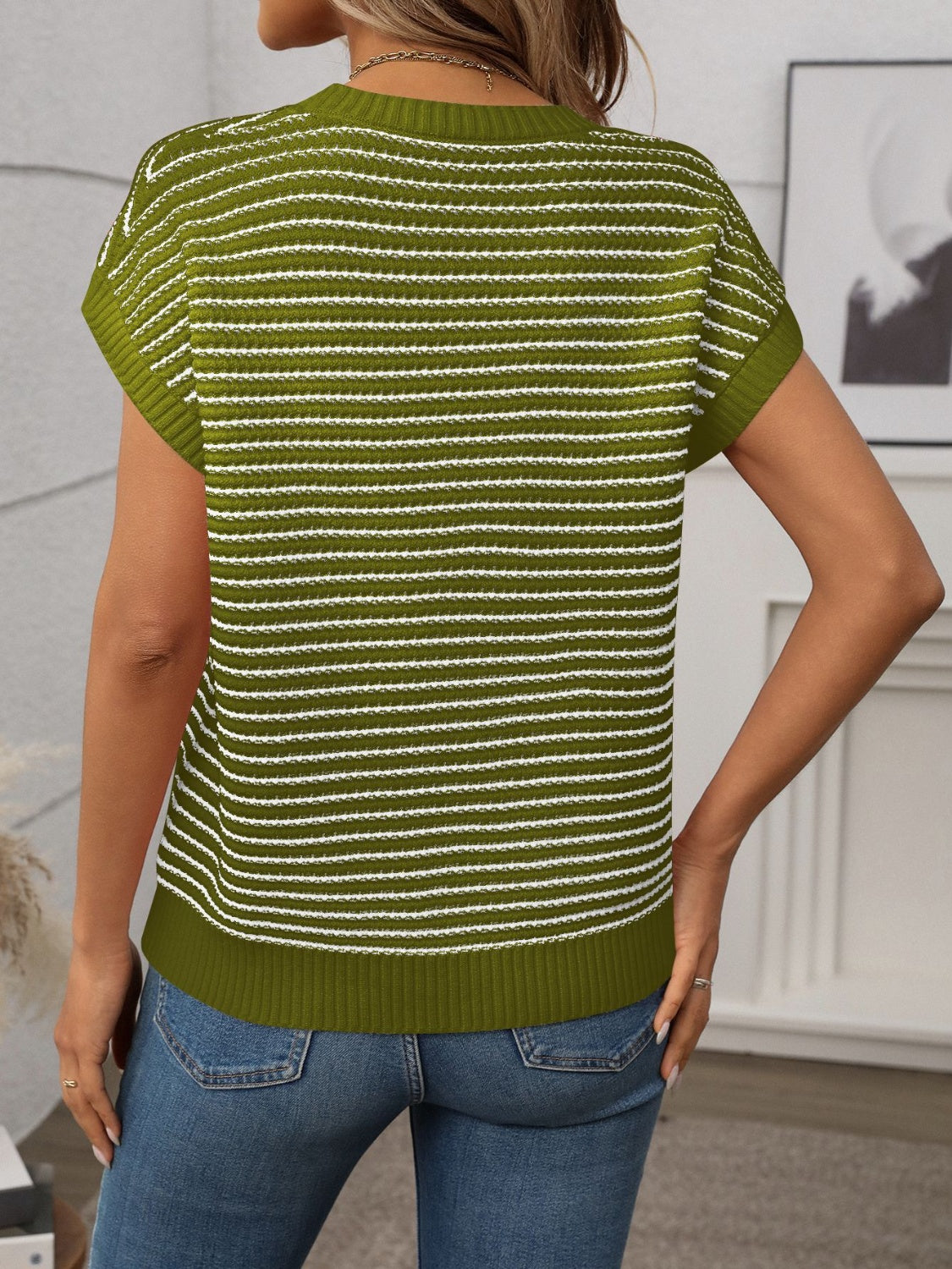 Matcha green and white horizontal stripe knit shell sweater with short sleeves.