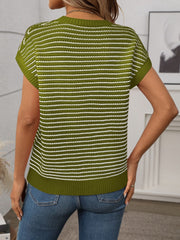 Matcha green and white horizontal stripe knit shell sweater with short sleeves.