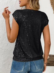 Black sequin cap-sleeve v-neck blouse with vertical sequin pattern