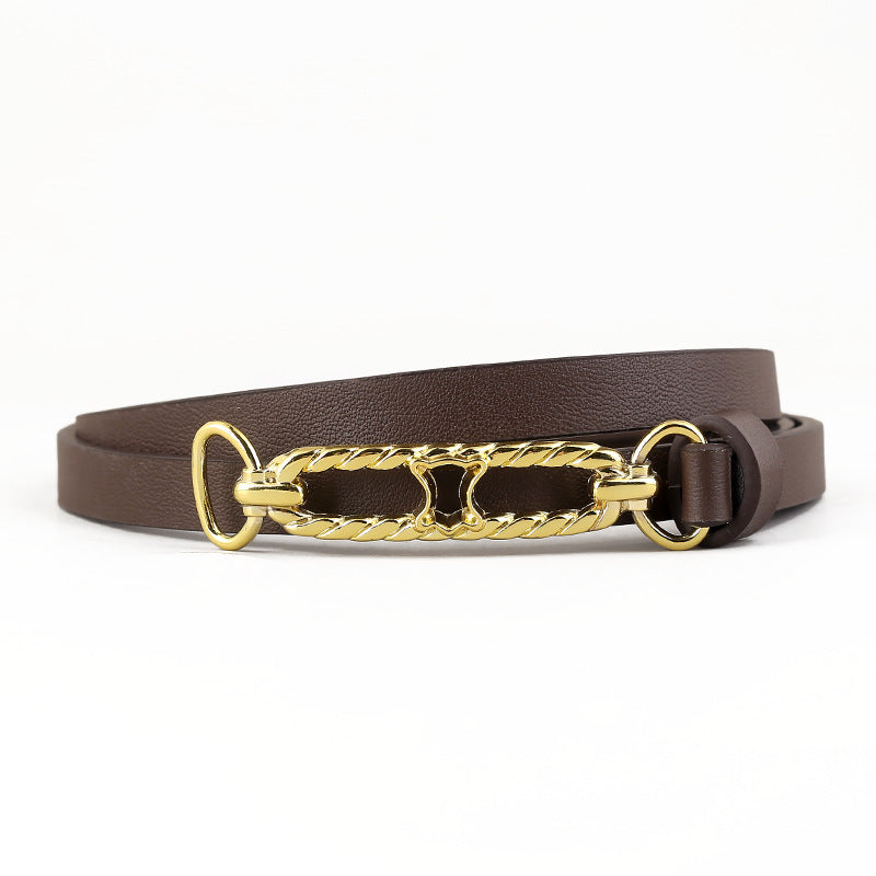 Brown cowhide leather skinny belt with gold twisted chain buckle detail