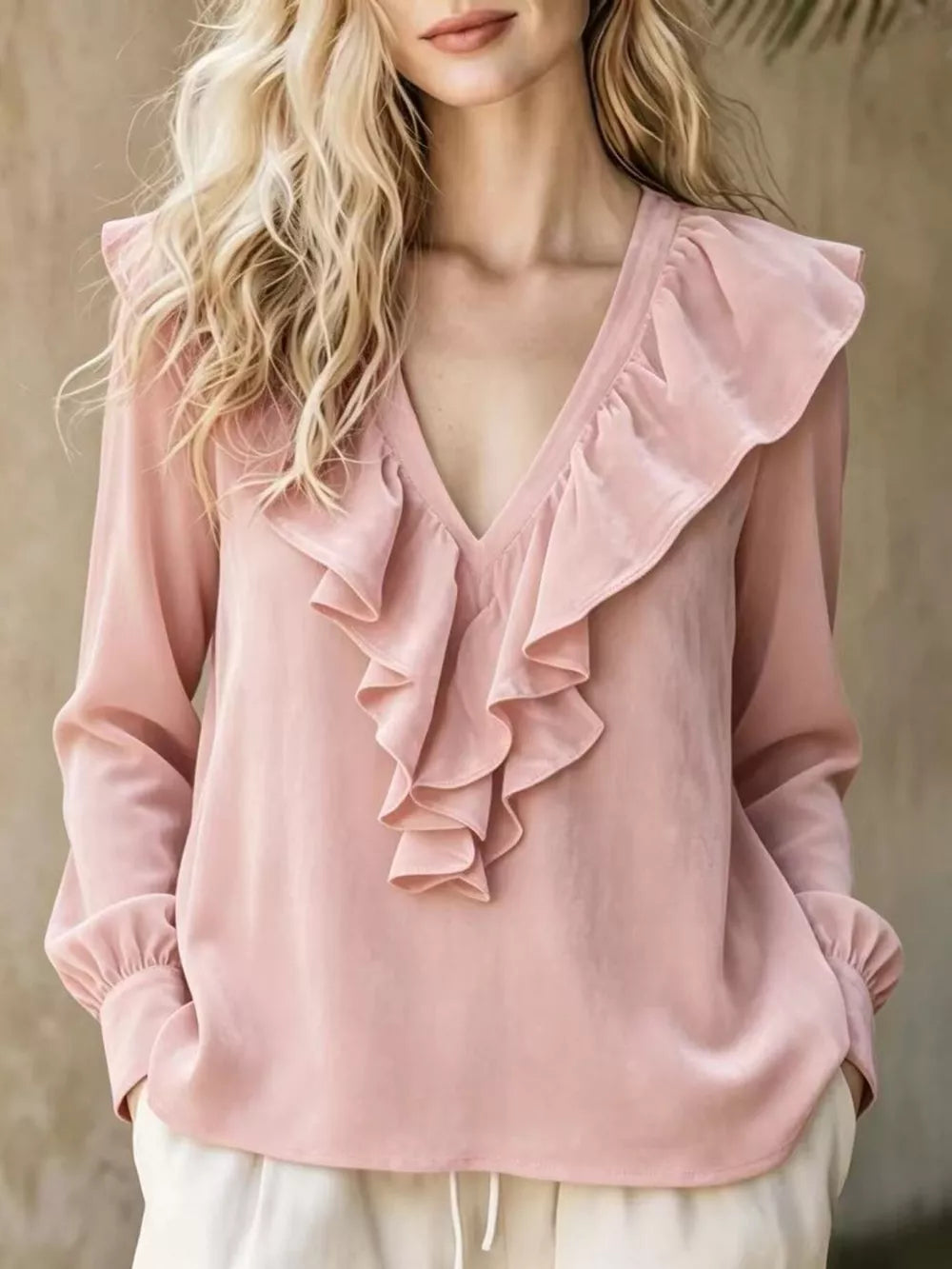 Full Size Ruffled V-neck Long Sleeve Blouse, editorial view