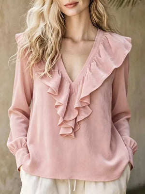 Full Size Ruffled V-neck Long Sleeve Blouse, editorial view
