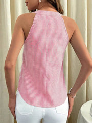 Pink striped V-neck tank top with a buttoned front detail.