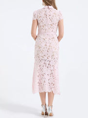 Pink floral lace midi dress with short sleeves, belt, and collar.