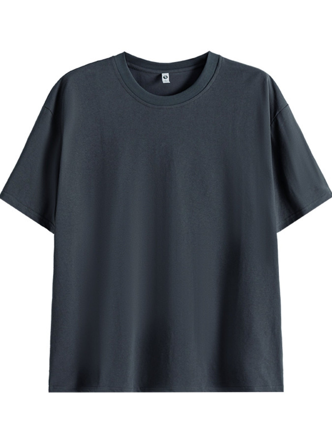 Dark gray cotton crew neck t-shirt with short sleeves.