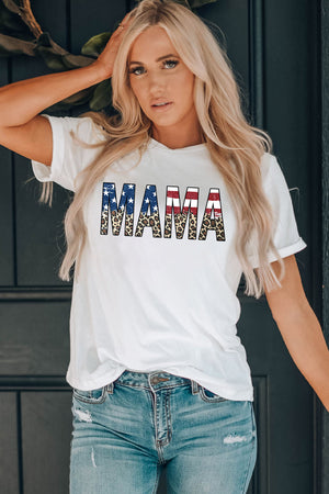 White cotton blend graphic tee with patriotic Mama lettering and leopard print detail.