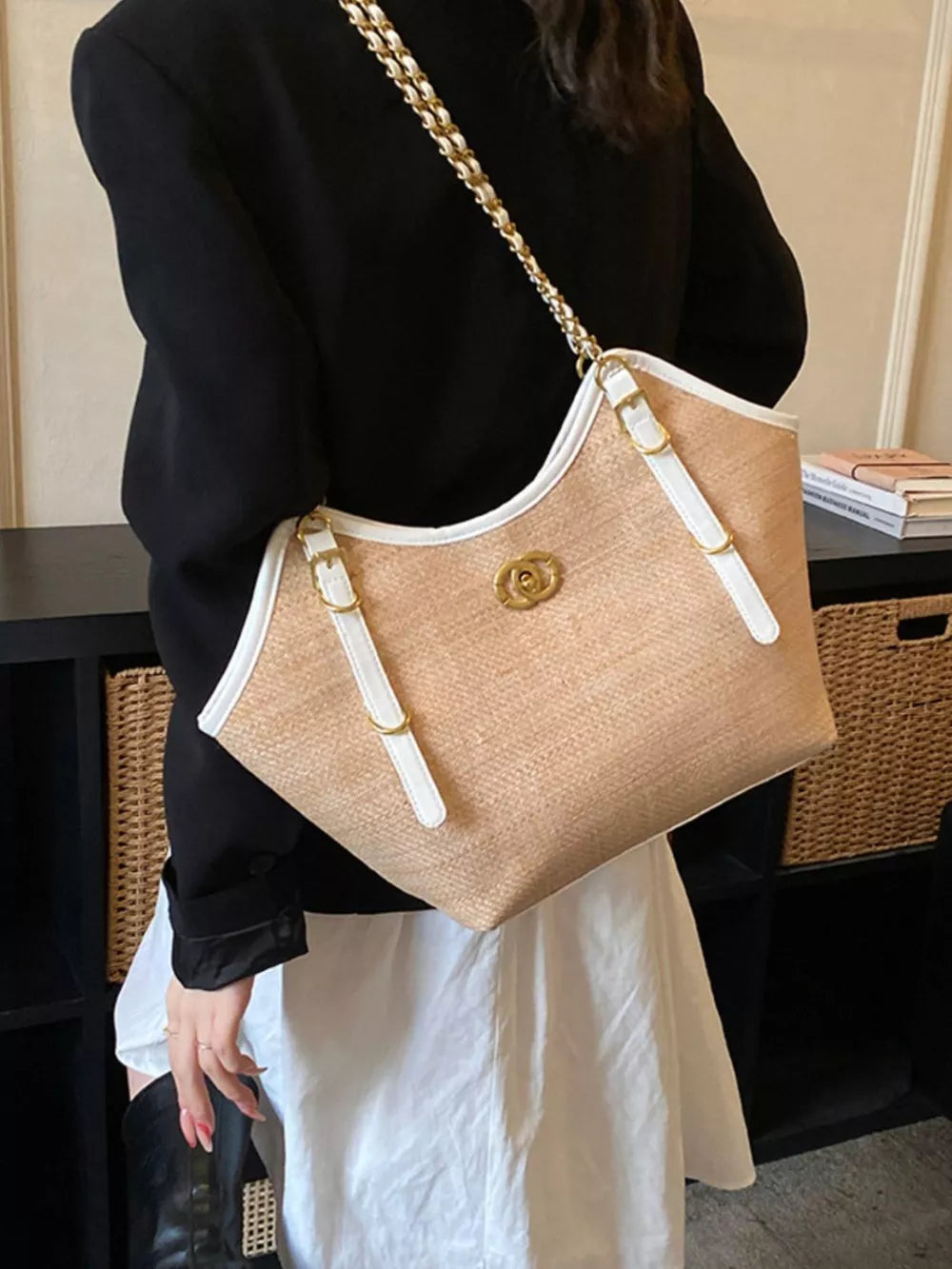 Contrast Trim Adjustable Strap Shoulder Bag in Tan, close-up detail