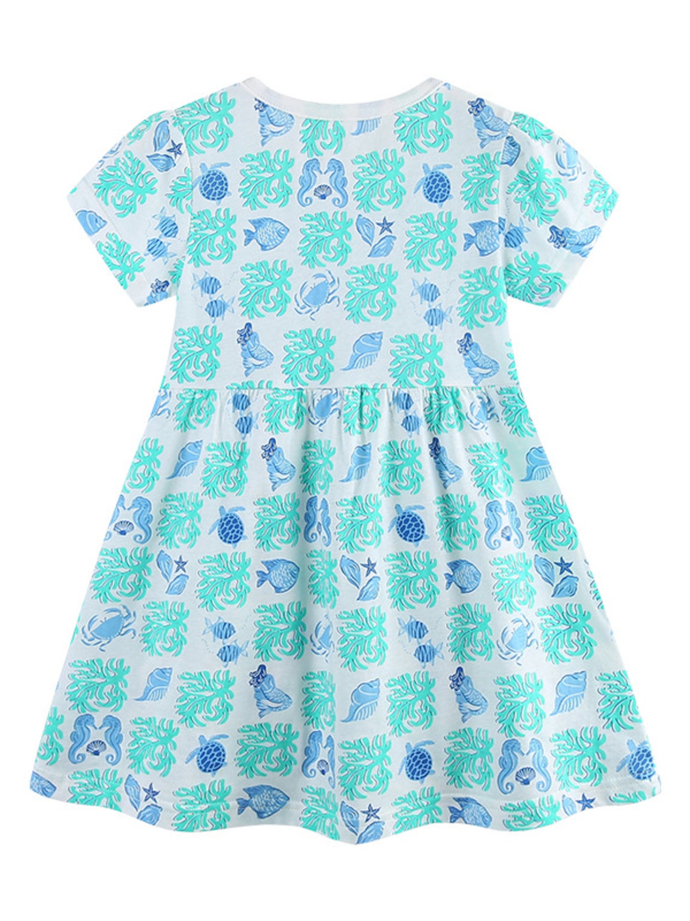 Cotton toddler dress with allover ocean print, featuring fish, shells, and sea creatures.