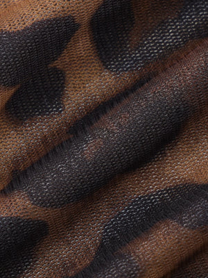 Chic tied animal print blouse in brown and black mesh fabric.